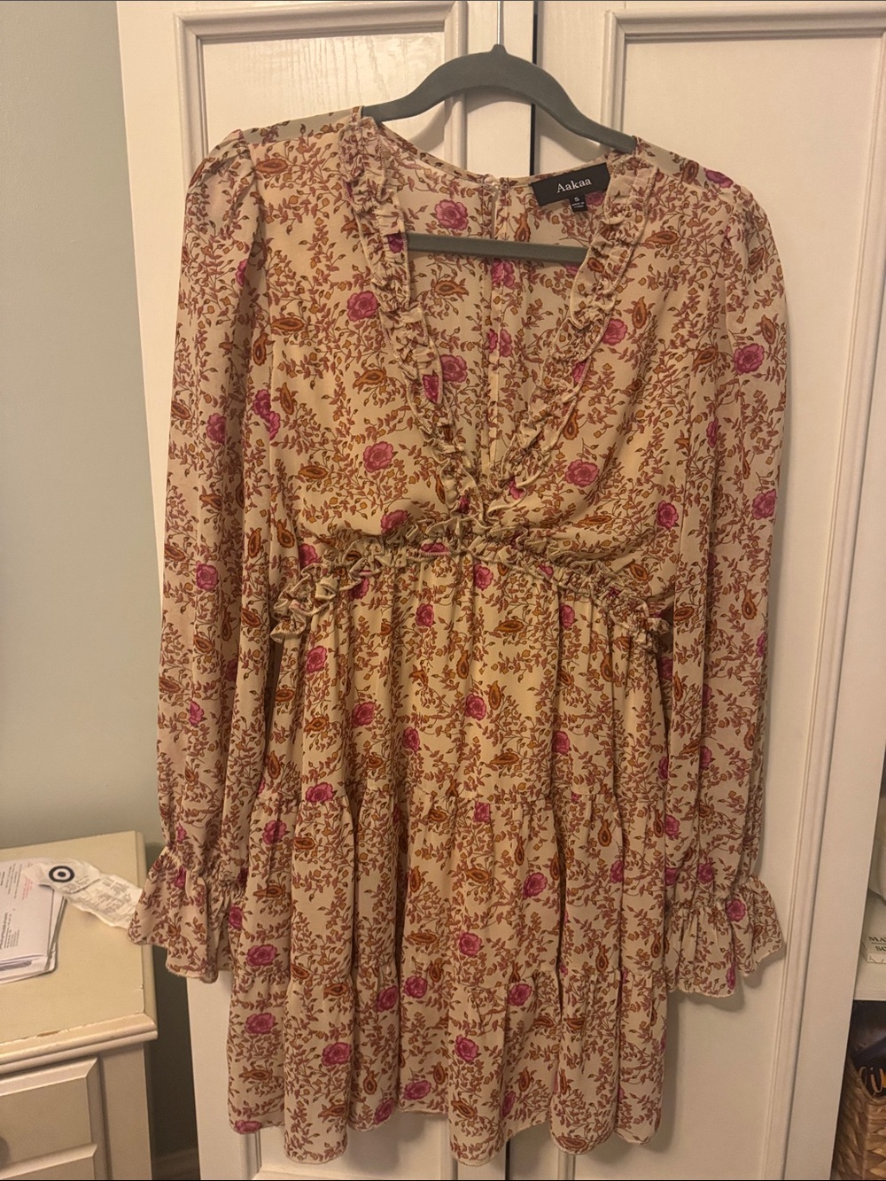 Aakaa Cream Mini Dress with Pink Floral Print